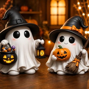May include: Two white ghost figurines wearing black witch hats. The left ghost holds a glowing jack-o'-lantern candy bucket and a small lantern. The right ghost holds a small orange pumpkin and a brown broomstick with an orange bow.