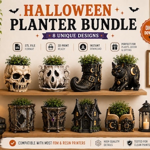 Paquete de archivos STL para macetas de Halloween, macetas para impresión 3D, macetas con forma de calavera, gato, bruja y bota para casa embrujada, descarga digital, decoración de Halloween en formato STL.