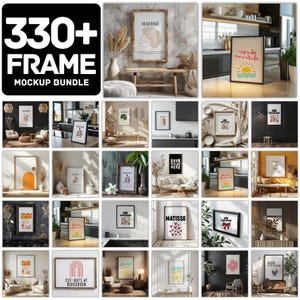 以下が含まれることがあります： さまざまなデザインとスタイルを示す、額装されたアートモックアップのコレクション。フレームは、リビングルームやキッチンなど、さまざまな環境に表示されます。「330+ FRAME MOCKUP BUNDLE」というテキストが表示されます。