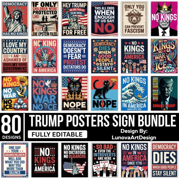 Anti Trump Protest Signs Bundle PNG, No Kings Poster, Resist Fascism, Political Activist Rally Sign, Digital Download, Printable Pack