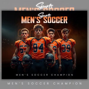 Puede incluir: Imagen promocional de F&uacute;tbol Masculino. Cuatro j&oacute;venes con camisetas naranjas y azules con los n&uacute;meros 57, 94, 3 y 39 se juntan, sosteniendo cascos. Las palabras "Sports" y "Men's Soccer" se muestran de forma destacada.