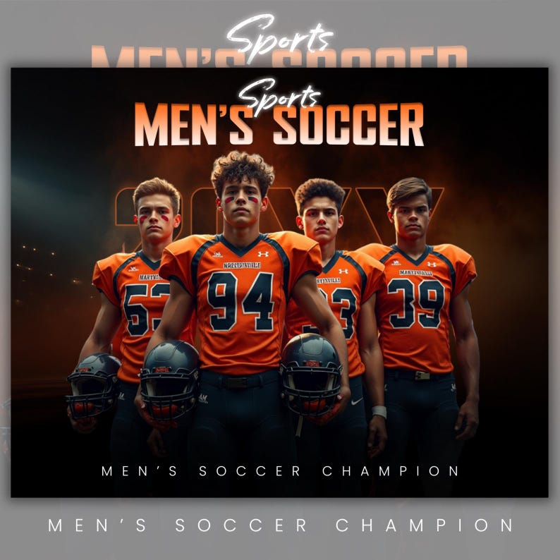 Puede incluir: Imagen promocional de F&uacute;tbol Masculino. Cuatro j&oacute;venes con camisetas naranjas y azules con los n&uacute;meros 57, 94, 3 y 39 se juntan, sosteniendo cascos. Las palabras "Sports" y "Men's Soccer" se muestran de forma destacada.