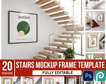 Treppenrahmen Mockup PSD Bundle - 20 bearbeitbare Wandkunstvorlagen | A4 Display, Moderne & Minimalistische Designs | Photoshop, Photopea Kompatibel
