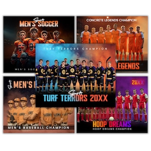 Puede incluir: Una colecci&oacute;n de carteles de equipos deportivos. Los carteles presentan fotos de equipos con superposiciones de texto como "Men's Soccer", "Concrete Legends Champion", "Turf Terrors Champion", "Men's Baseball Champion" y "Hoop Dreams Champion". Los equipos llevan uniformes.