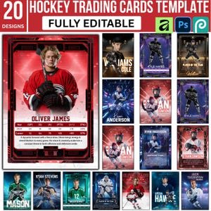 Plantilla PSD de 20 tarjetas coleccionables de hockey, tarjetas deportivas personalizables, tarjetas de baloncesto y fútbol, recuerdo imprimible de atleta, plantilla de Photoshop