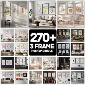 Puede incluir: Una colección de impresiones artísticas enmarcadas, que muestran varios diseños y estilos. Las impresiones presentan ilustraciones botánicas, formas abstractas y texto, con una paleta de colores neutros. La imagen incluye varias maquetas de interiores.