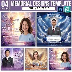 Peut inclure: Un modèle de conception de mémoriaux avec quatre mises en page. Chaque design comprend un portrait, des dates et des informations commémoratives. Les designs sont entièrement modifiables et présentent des graphiques floraux et d'ailes d'ange.