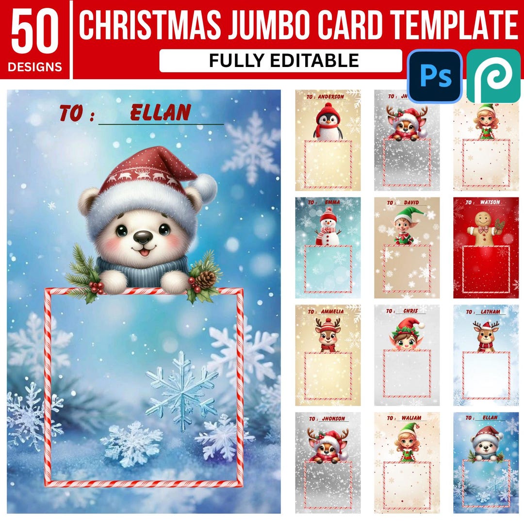 50X Jumbo Christmas Card Template PSD Bundle, Kids Treat Card Mock Up