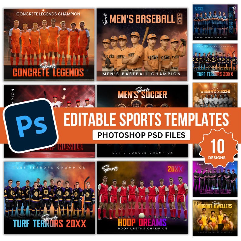 Puede incluir: Una colecci&oacute;n de plantillas deportivas editables en formato PSD de Photoshop. La imagen muestra varios deportes de equipo, incluyendo b&eacute;isbol, f&uacute;tbol y hockey, con fotos de equipos y texto. Las plantillas est&aacute;n dise&ntilde;adas con una variedad de colores y dise&ntilde;os.