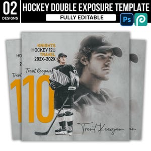 Plantilla de póster deportivo PSD, hockey sobre hielo, doble exposición, pancarta de la noche de los veteranos, recuerdo imprimible del atleta, plantilla editable
