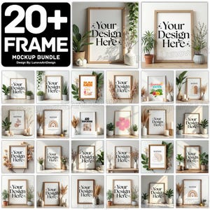 May include: A mockup bundle featuring over twenty framed art prints. Each frame is a different design, with a variety of styles and sizes. The frames are displayed with plants and other decorative elements.
