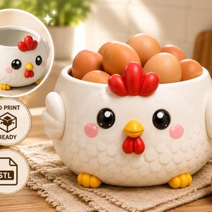 Cute Kawaii Chicken Planter STL File | 3D Printable Hen Pot | Farmhouse Chicken Flower Pot | Egg Holder STL | Digital Download