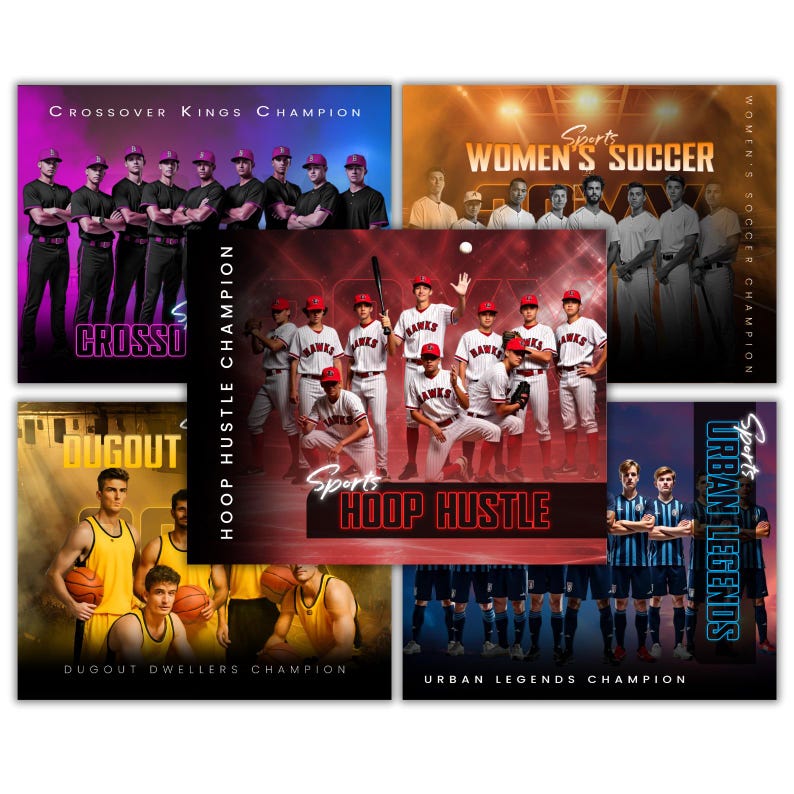 Puede incluir: Un conjunto de carteles de equipos deportivos. Los carteles presentan equipos de b&eacute;isbol, baloncesto y f&uacute;tbol. Cada cartel tiene una foto del equipo y texto que dice "Crossover Kings Champion", "Women's Soccer", "Hoop Hustle Champion", "Dugout Dwellers Champion" y "Urban Legends Champion".