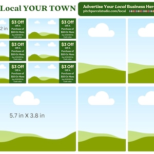 Puede incluir: Un anuncio promocional con el texto "Shop Local YOUR TOWN" en la parte superior. La imagen presenta varias plantillas de cupones con un diseño de paisaje, un cielo azul y nubes blancas. Las dimensiones son 14,5 cm x 3 cm y 14,5 cm x 9,7 cm.