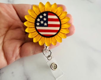 Sonnenblume amerikanische Flagge Abzeichen Reel | Patschischer Ausweishalter | Bauernhaus Abzeichen | Acryl Magnet oder Lanyard