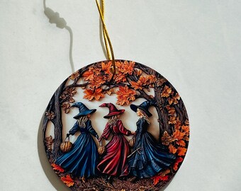 Handmade Trio of Witches Halloween Ornament, Acrylic Witchcore Decor, Double Sided