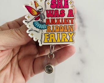 Porta badge con citazione sulla salute mentale e fatina ansiosa / Porta badge divertente