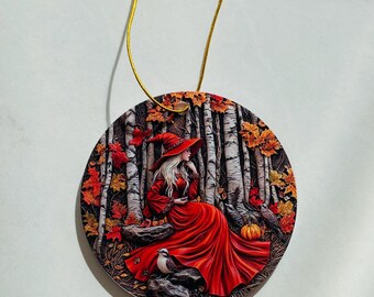 Red Witch Acrylic Ornament | Gothic Halloween Tree Decor