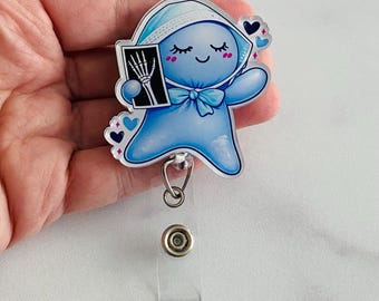 Portatarjetas de identificación con forma de guante de globo para radiología / Portatarjetas de identificación para técnicos de rayos X / Credencial médica divertida / Cordón magnético o de seguridad de acrílico