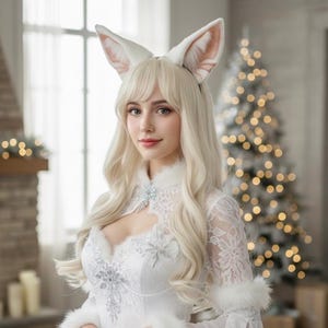 May include: A woman wearing a white dress with a snowflake design and a headband with white and tan fox ears. The dress has lace sleeves and a fur trim. A Christmas tree is visible in the background.