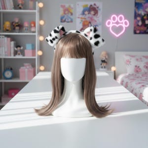 May include: A mannequin head with long, light brown hair and a black and white spotted headband. The headband has two large, fluffy ears. The mannequin is on a white table, with a blurred background of shelves and wall art.