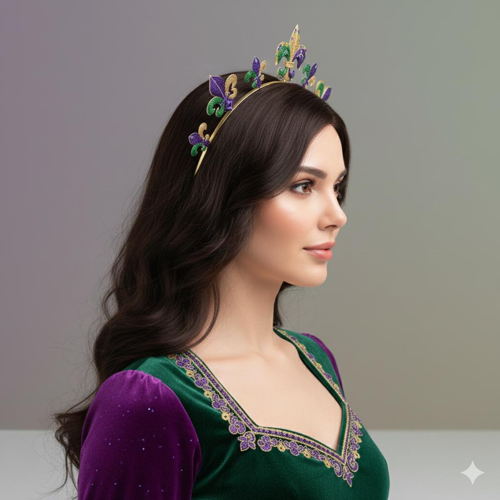 5089 Mardi Gras Headband Crown Fleur De Lis Mask Headbands Green Purple Mardi Gras headband crown, mask & Fleur de Lis main image 2