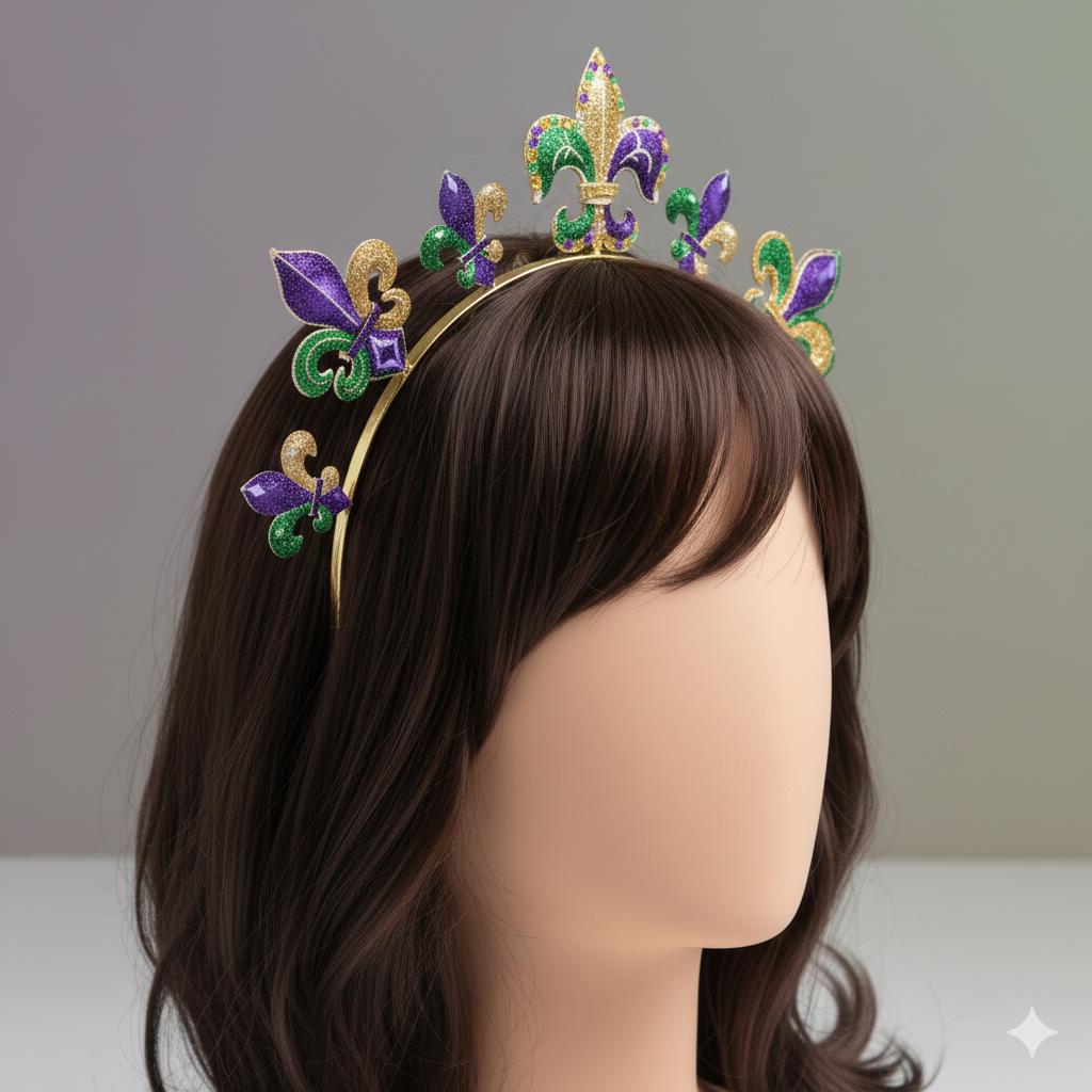 5089 Mardi Gras Headband Crown Fleur De Lis Mask Headbands Green Purple Mardi Gras headband crown, mask & Fleur de Lis main image 4