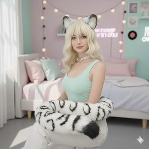 May include: A person wearing a light green tank top, white trousers, and a white choker. They are also wearing a blonde wig with cat ears and holding a white and black striped tail. The background includes a bed and string lights.