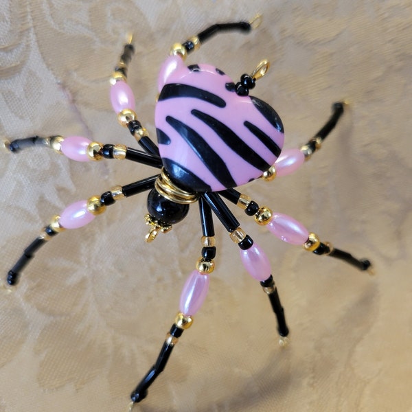 Beaded Christmas Spider / Jewelled Spider/ Christmas Spider Legend/Christmas Ornament/ Hallowe’en ~ Pink Zebra Striped Spider Collection