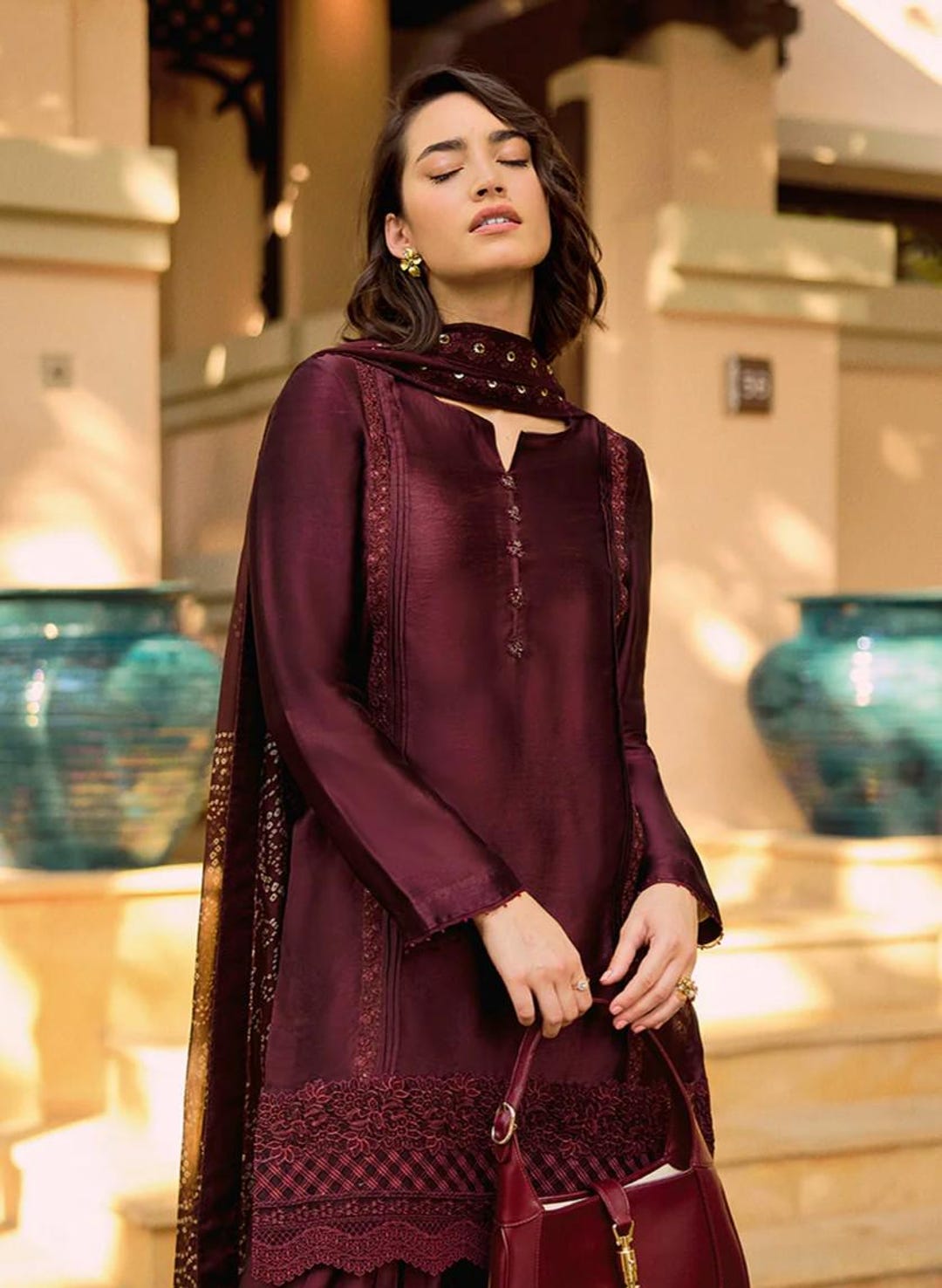 Embroidered Maroon Silk Pakistani Dress | Faiza Saqlain Formal Wear