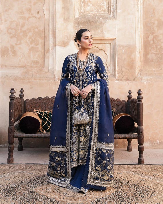 dark blue pakistani bridal dresses Navy Embroidered Wedding Dress Color:blush pink