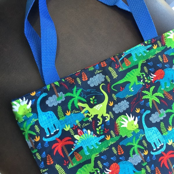 Dinosaur Tote, Blue and Green Dinos on a Navy Background with a Blue Dotted Lining and Blue Straps, Handmade Item, Gift for Girls and Boys