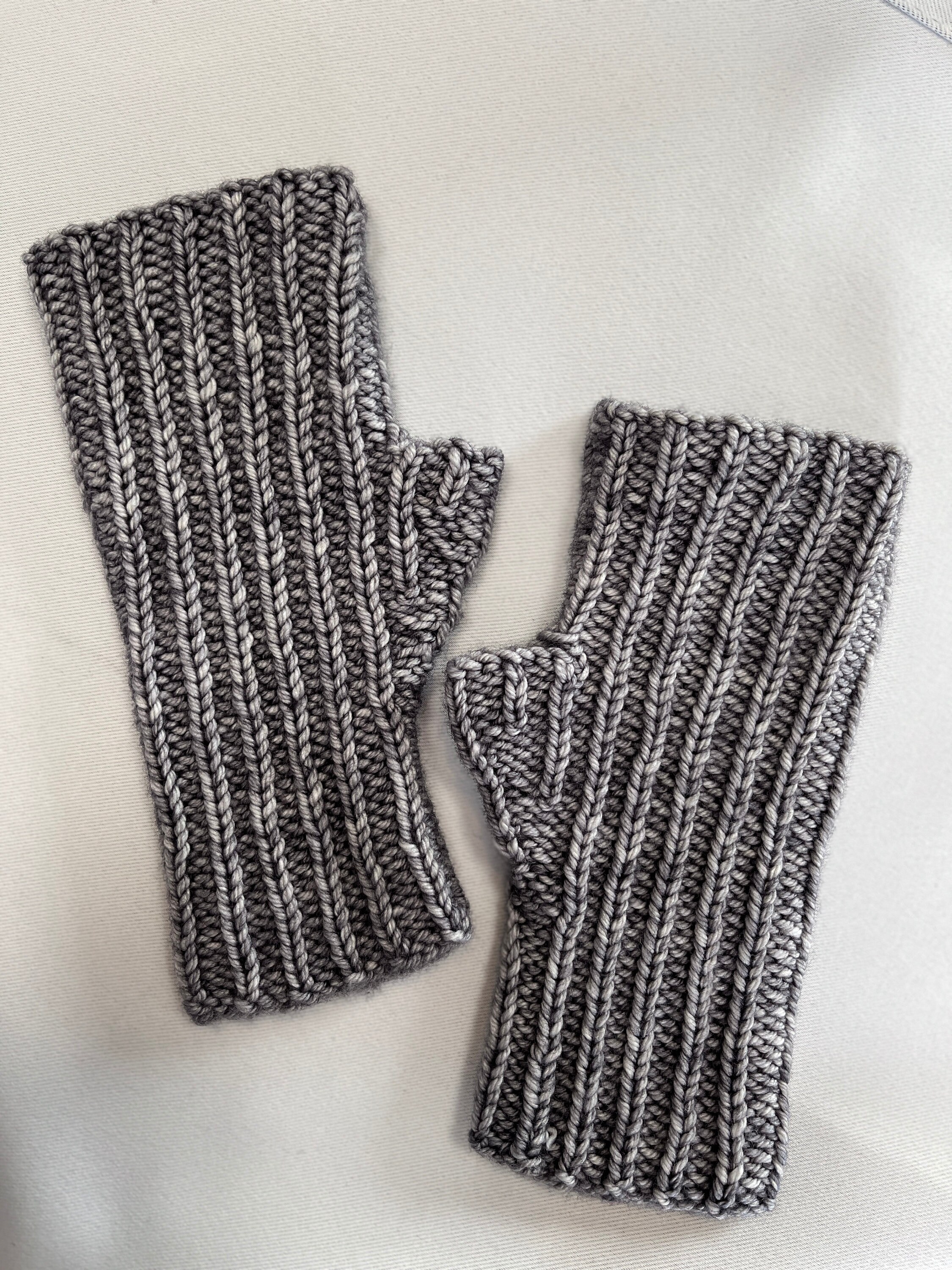 Reversible Handknit Fingerless Gloves, Gray Mitts