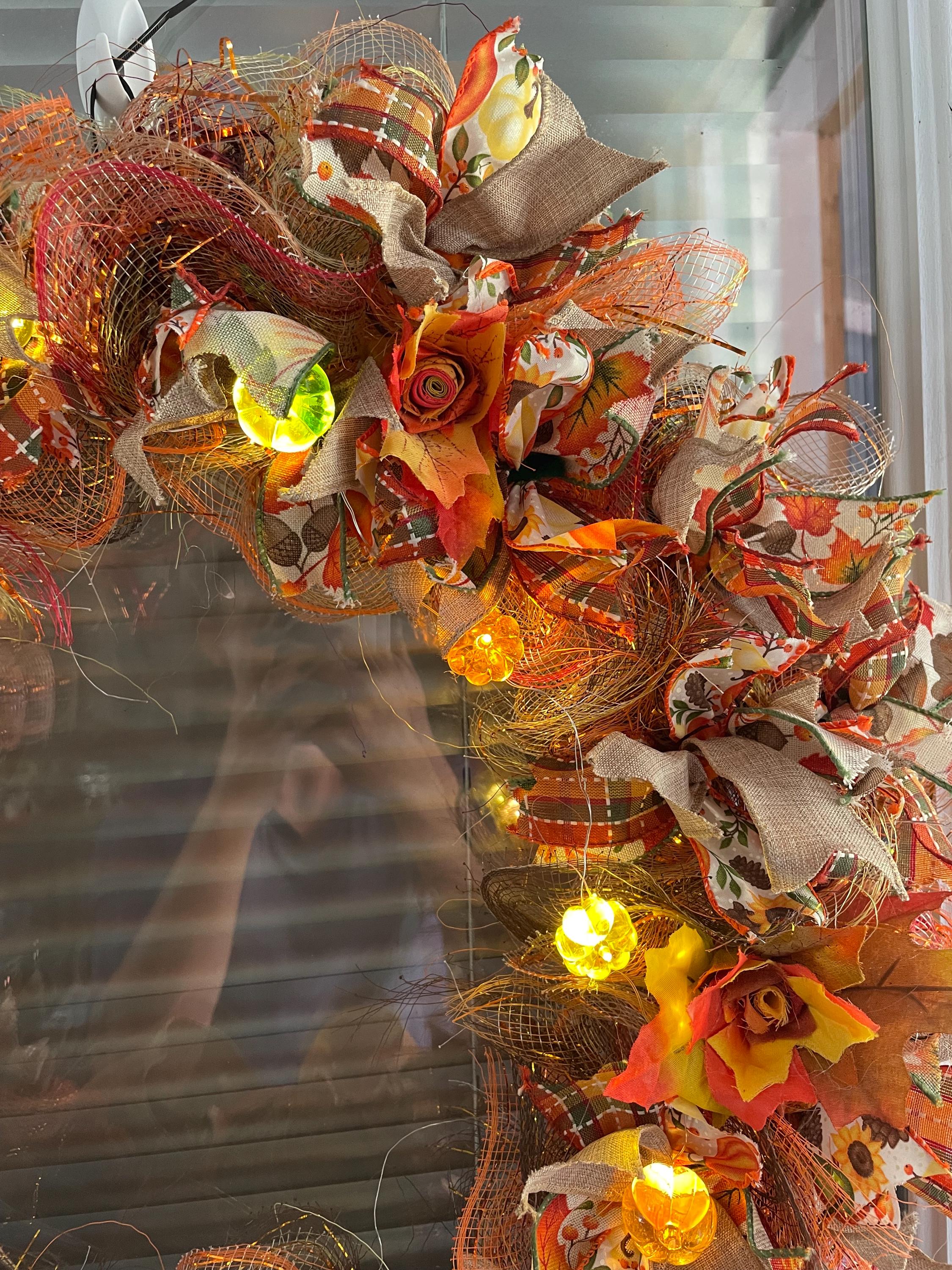 24” fall ribbon wreath with autumn leaf flowers and fairy lights - Thumbnail 6