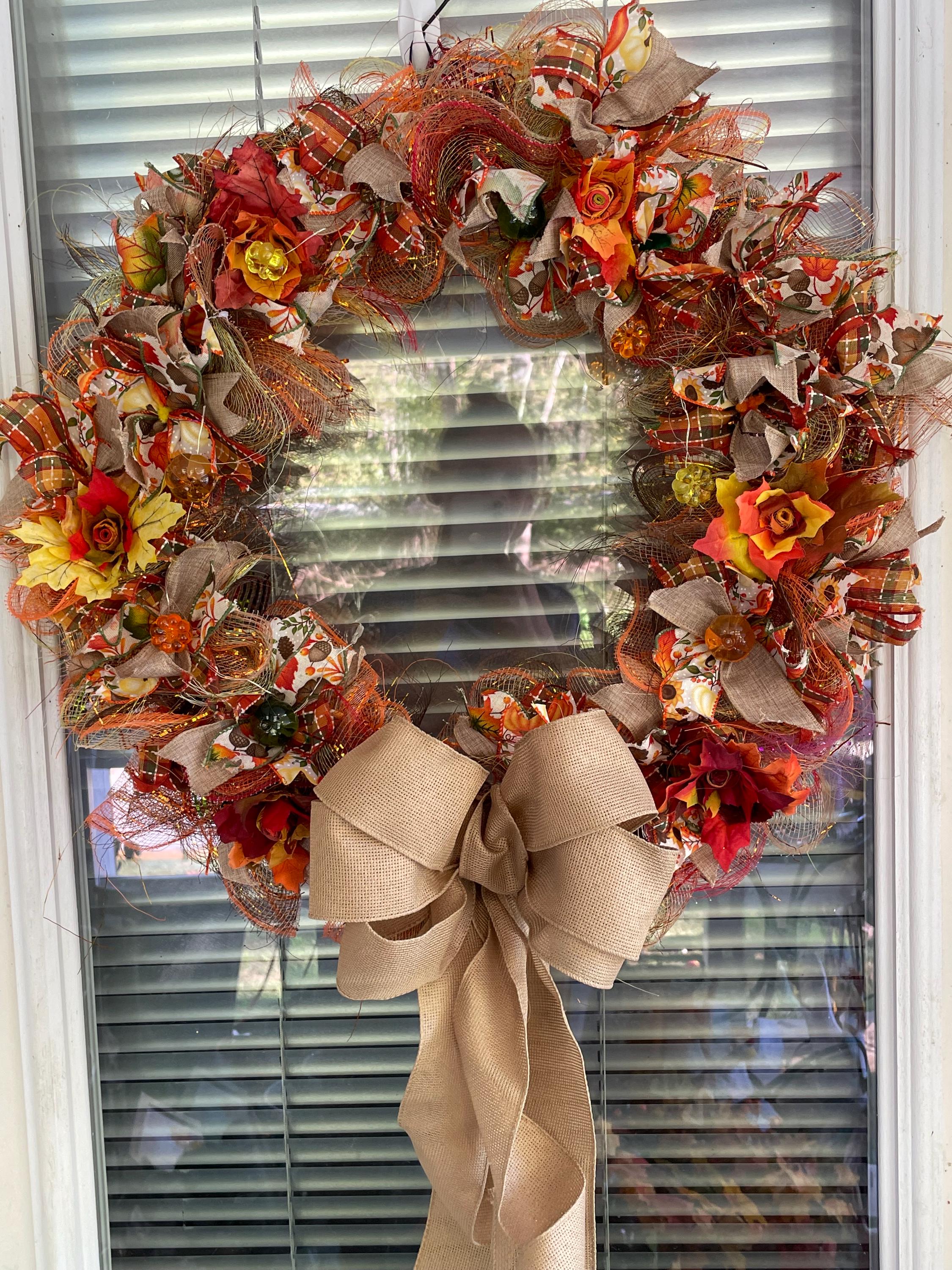 24” fall ribbon wreath with autumn leaf flowers and fairy lights - Thumbnail 5