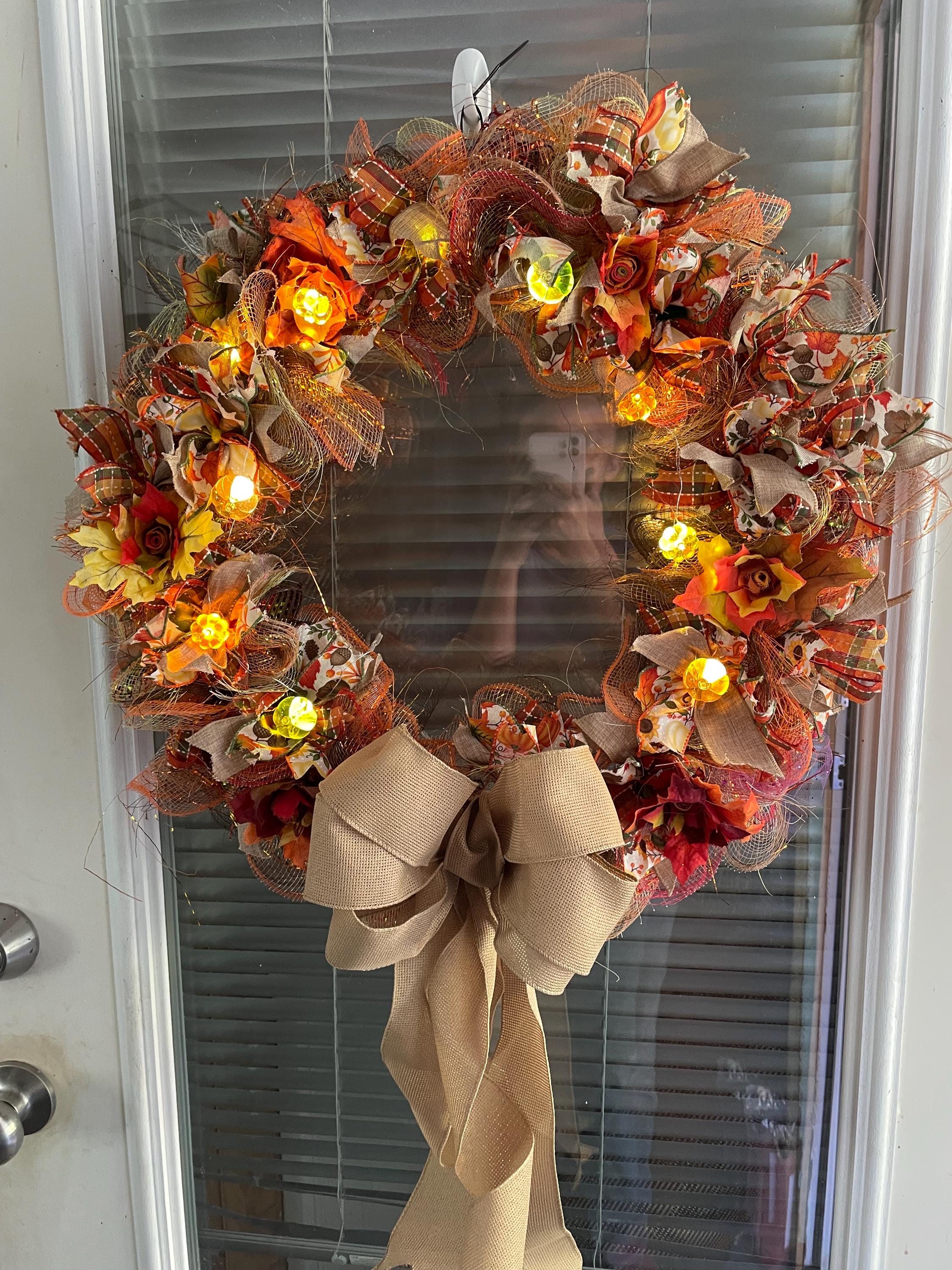 24” fall ribbon wreath with autumn leaf flowers and fairy lights - Thumbnail 4