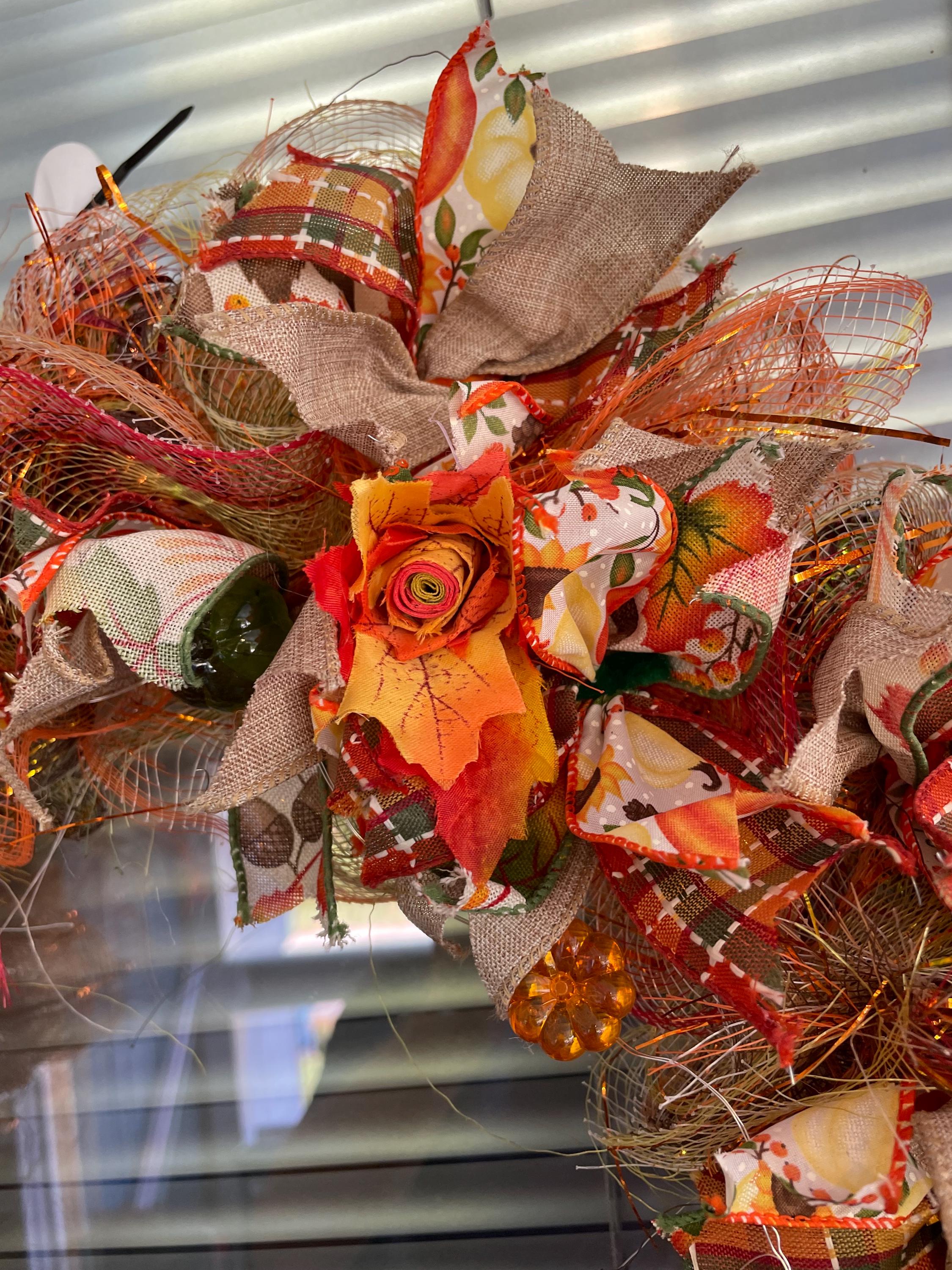 24” fall ribbon wreath with autumn leaf flowers and fairy lights - Thumbnail 2