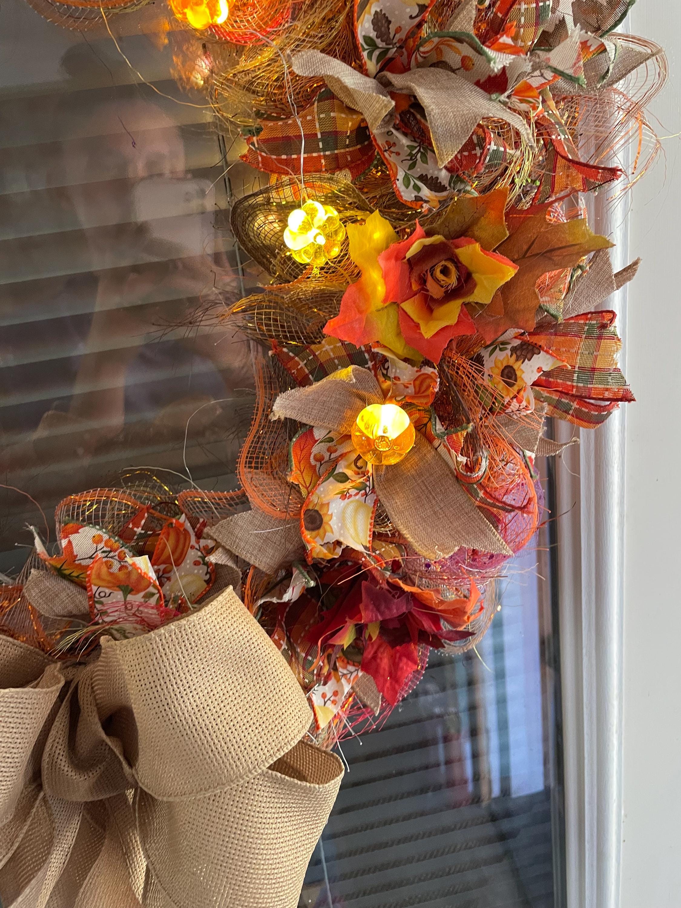 24” fall ribbon wreath with autumn leaf flowers and fairy lights - Thumbnail 7