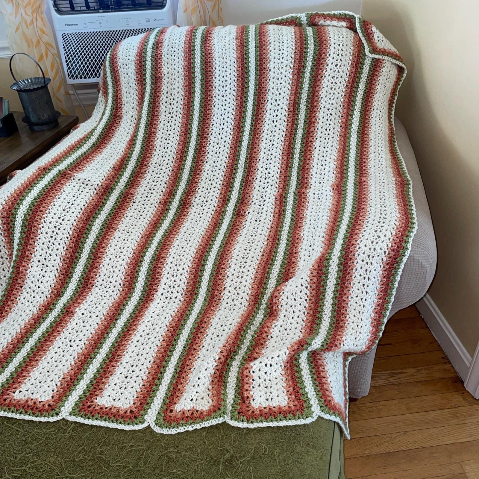 66 x 54 Handmade Crochet Cream Peach and Green Afghan Blanket