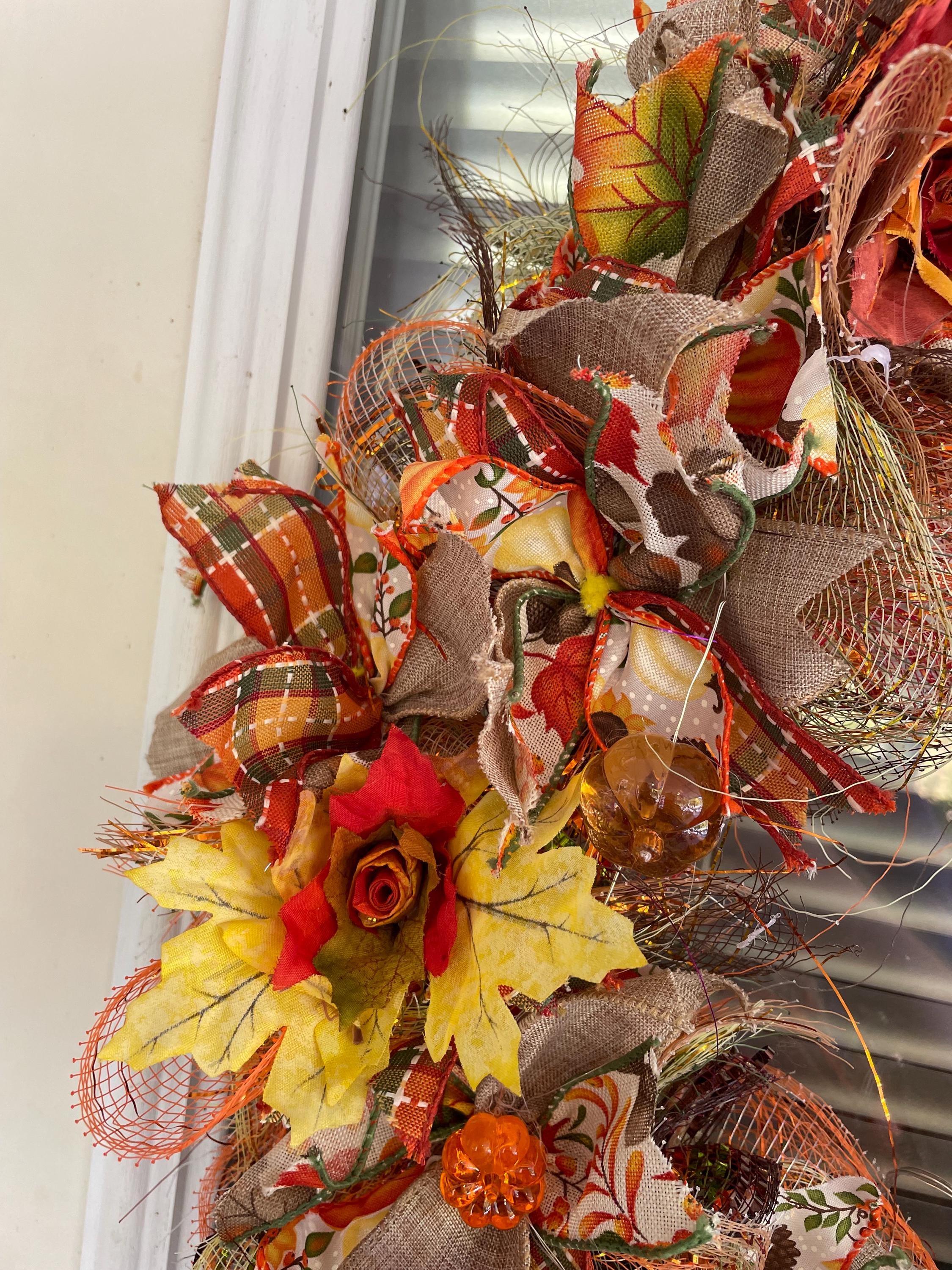 24” fall ribbon wreath with autumn leaf flowers and fairy lights - Thumbnail 3