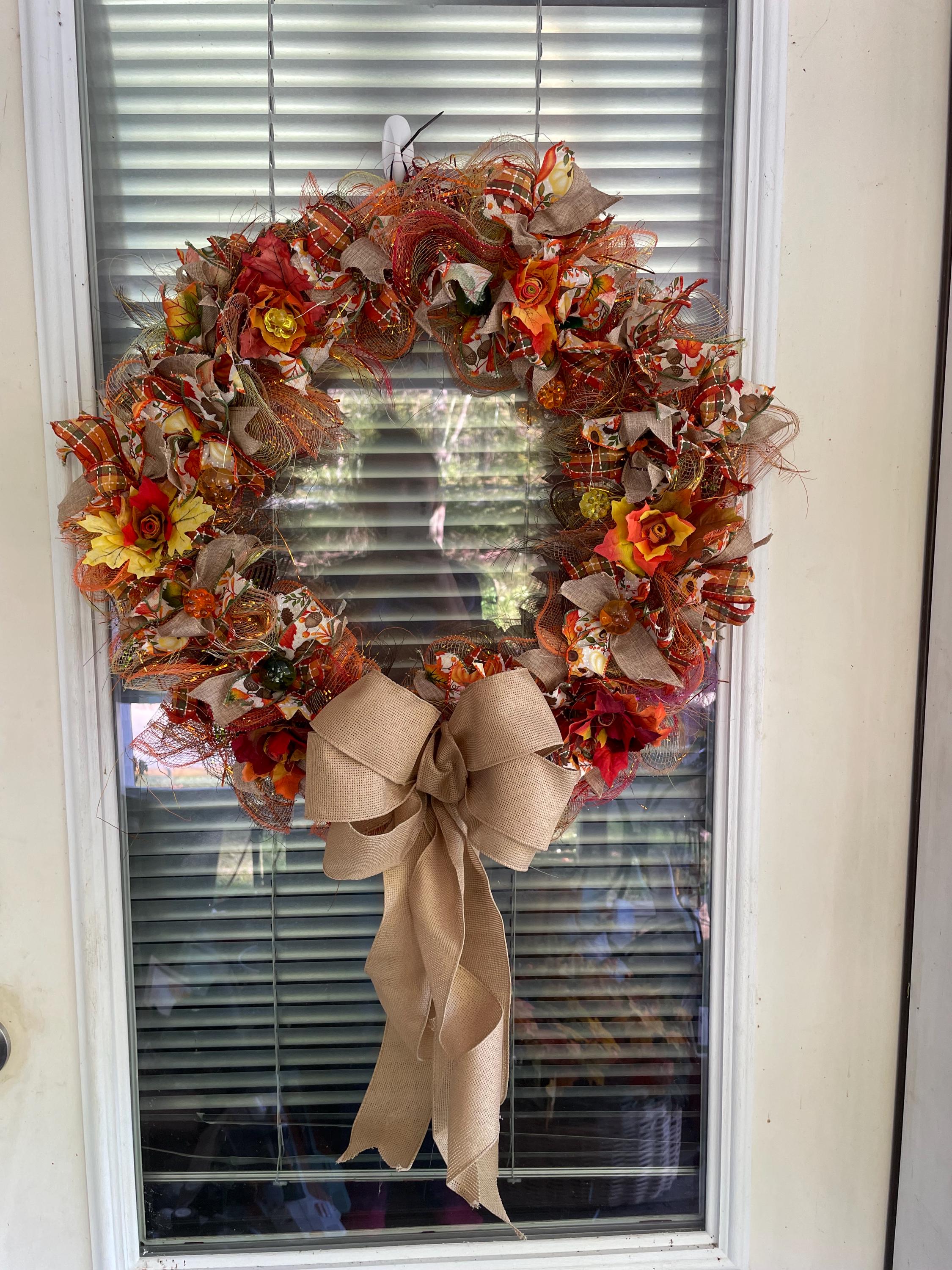 24” fall ribbon wreath with autumn leaf flowers and fairy lights