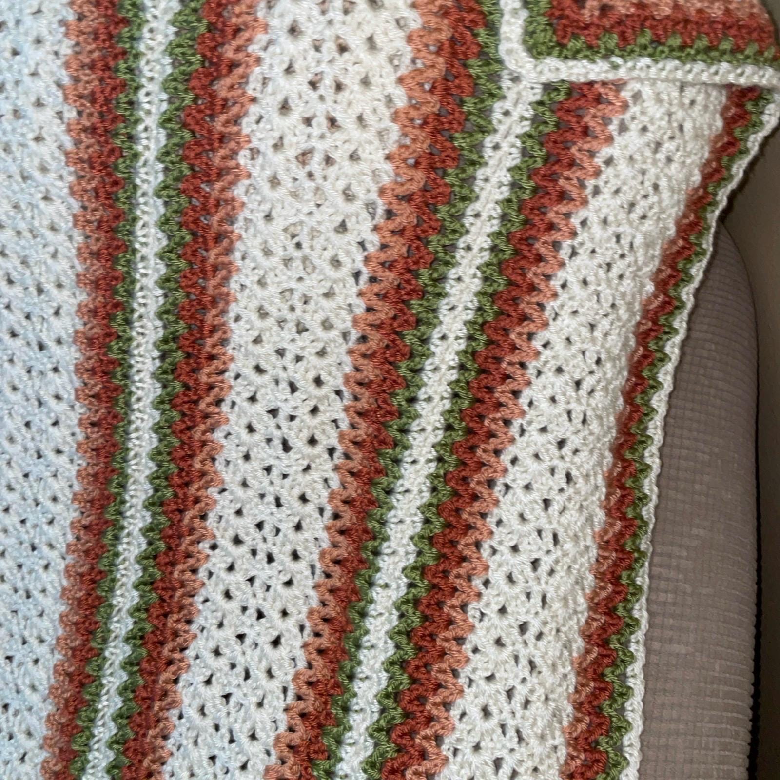 66 x 54 Handmade Crochet Cream Peach and Green Afghan Blanket - Thumbnail 2
