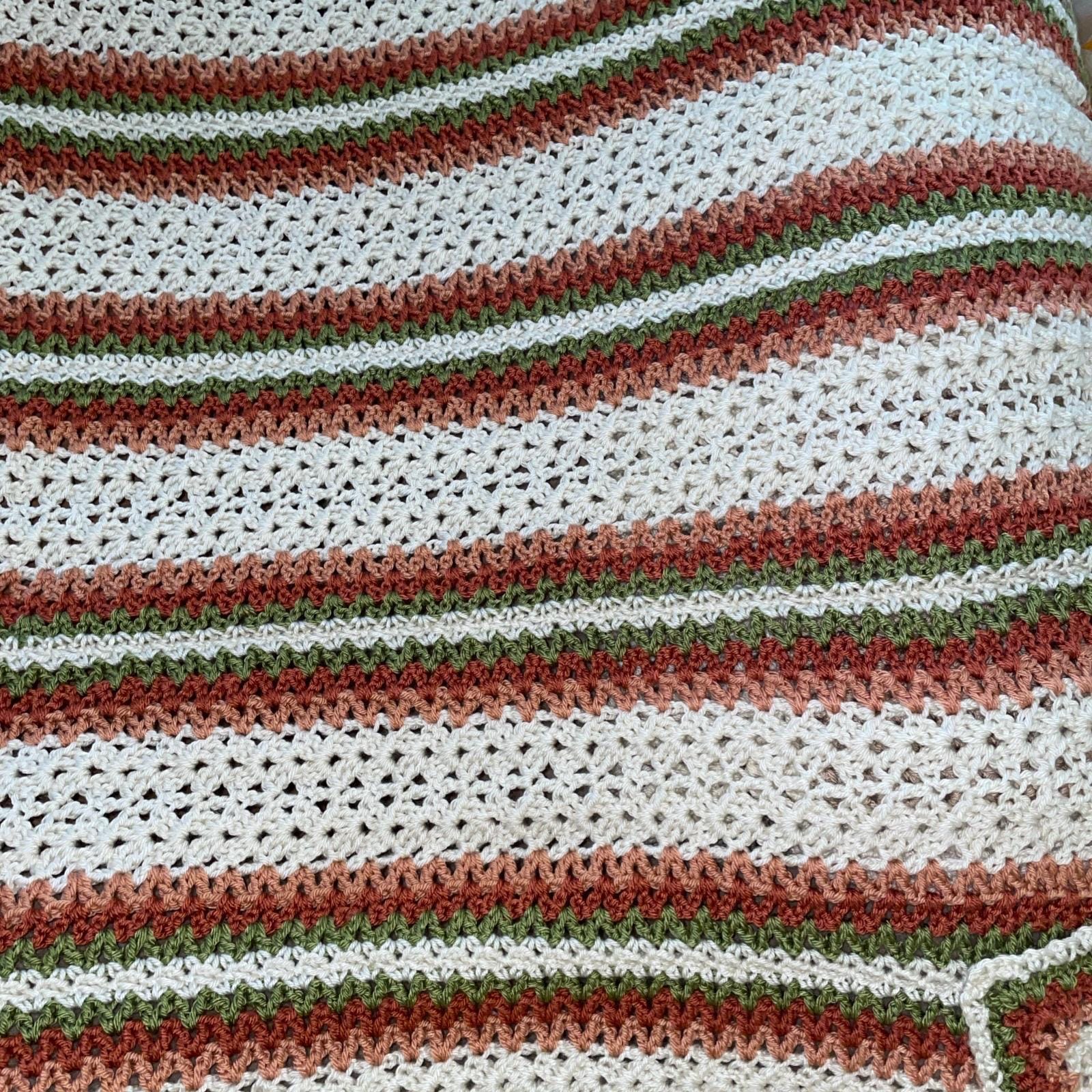 66 x 54 Handmade Crochet Cream Peach and Green Afghan Blanket - Thumbnail 3