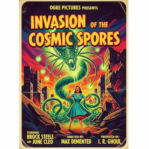 May include: A retro movie poster for "Invasion of the Cosmic Spores." The image shows a green alien attacking a city, with a woman in a teal dress in the foreground. The poster includes the names of the actors, director, and producer.