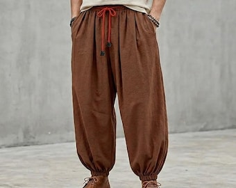 Pantalones harem de algodón y lino para hombre / Pantalones holgados con cintura elástica