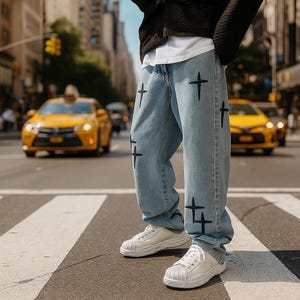 May include: Light blue denim jeans with black cross graphics. The jeans are paired with white sneakers. The background features yellow taxis and a city street scene.