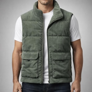 Può includere: Un gilet in velluto a coste verde salvia con cerniera a tutta lunghezza e due tasche frontali. Il gilet ha un colletto alto e un design trapuntato. Sotto è indossata una maglietta bianca.