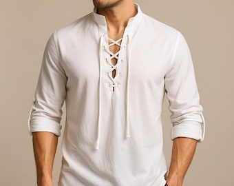 Men's Cotton Linen Lace-Up Shirt: Vintage Renaissance Style Tunic