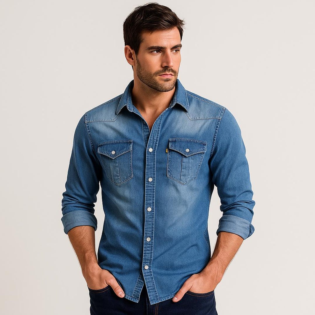Men's Slim Fit Stretch Denim Shirt: Western Style Cotton Jean Top Men's Slim Fit Stretch Denim Shirt: Western Style Cotton Jean Top