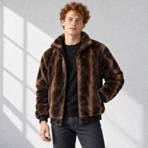 Chaqueta bomber de felpa para hombre, chaqueta de poliéster con cremallera frontal, cuello alto, prenda exterior informal.